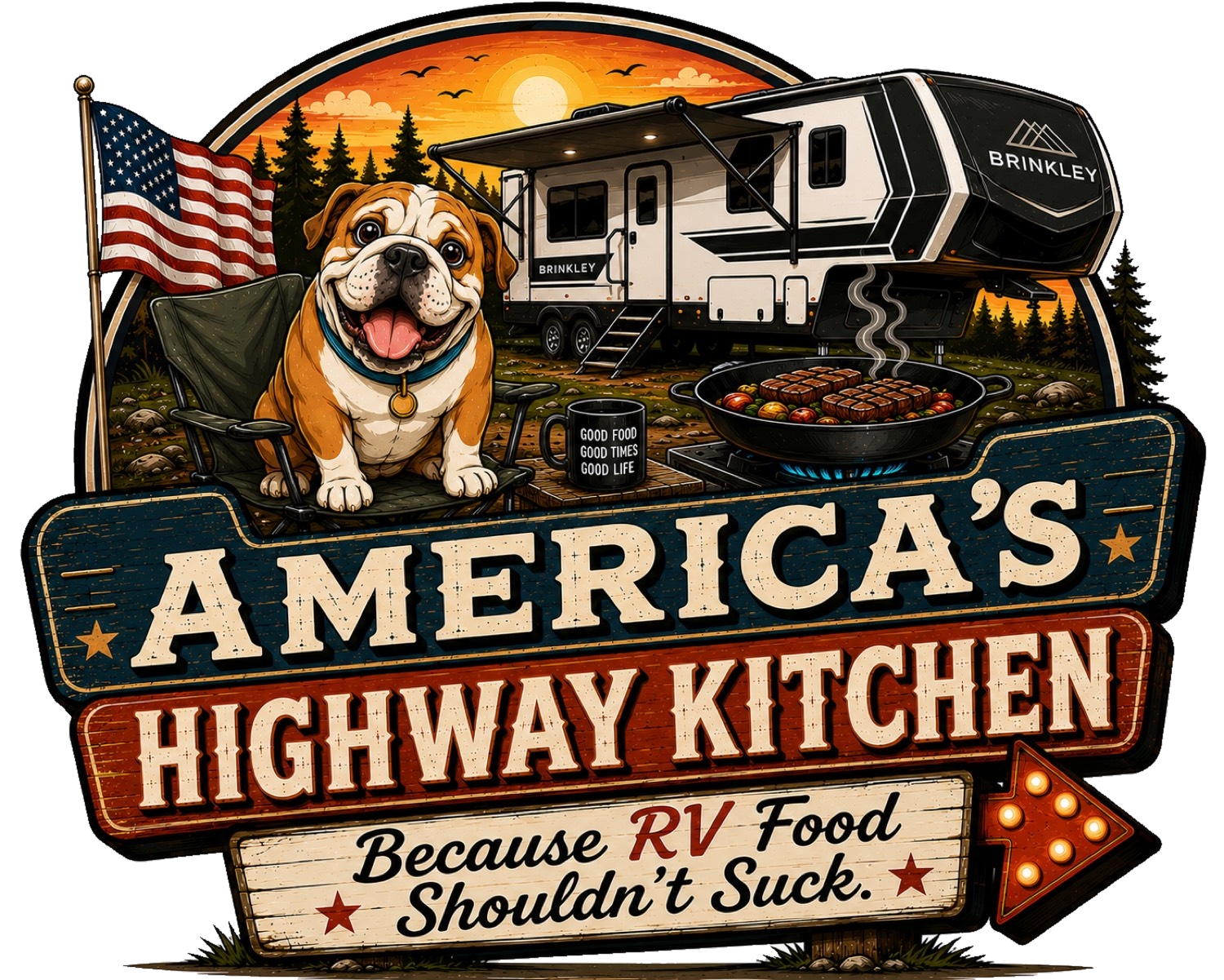 America's Highway Kitchen logo featuring a Brinkley fifth wheel, bulldog, American flag and outdoor cooking scene